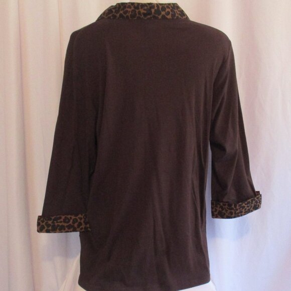 Catherines Shirt 1X Brown Leopard Animal Print Trim Long Sleeve Top - Picture 8 of 8